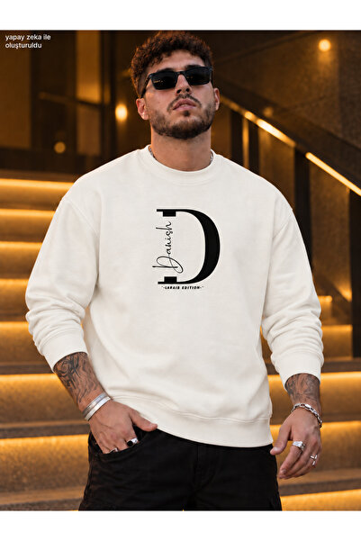 caddekombin Men's Letter D and Danish Calligraphy Detailed Crew Neck Casual R...
