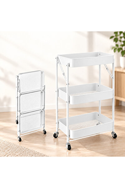 Gogoya 3-Tier Foldable Rolling Storage Trolley Cart with Lockable Wheels, Mul...