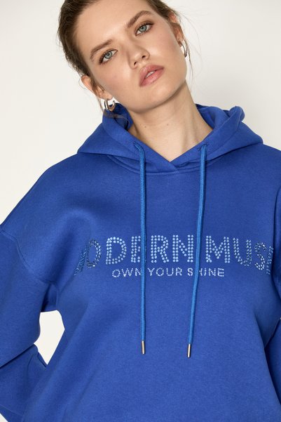ETHIQUET ETROPUS Kadın Organik Pamuklu İçi Polarlı Oversize Mavi Sweatshirt