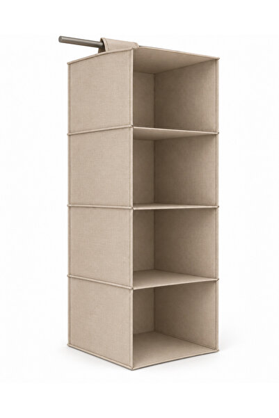 4 Bölmeli Askılı Dolap İçi Düzenleyici Bej – Bez Gardırop Uyumlu Raflı Organizer 25 cm