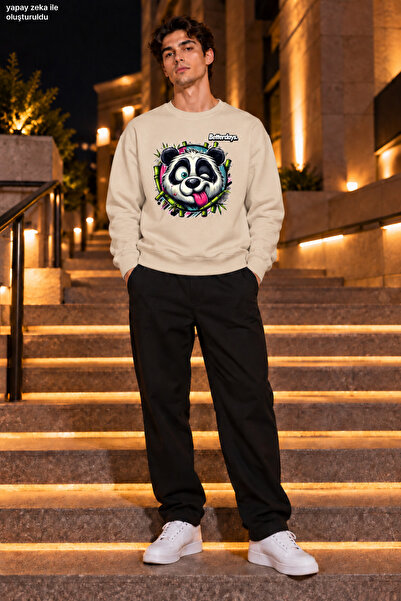 caddekombin Men's Crazy Panda Figured and Bamboo Detailed Crew Neck Casual Re...
