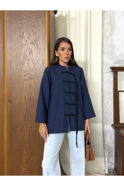 Hatun Atila Suede Flowy Shirt with Birit Tie Front 0168 - Navy Blue