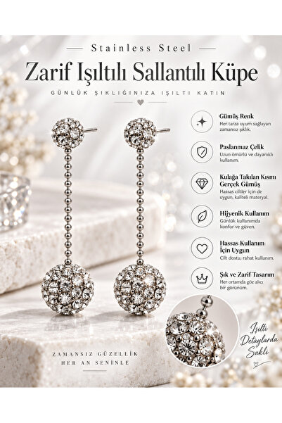 Taşlı Sallantılı Kadın Küpe Gümüş Renk Paslanmaz Çelik Gerçek Gümüş İğneli Zarif Küpe