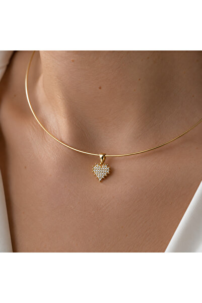 nerora Taşlı Kalp Motifli 14K Altın Kaplama Choker (Boyut Ayarlanabilir)