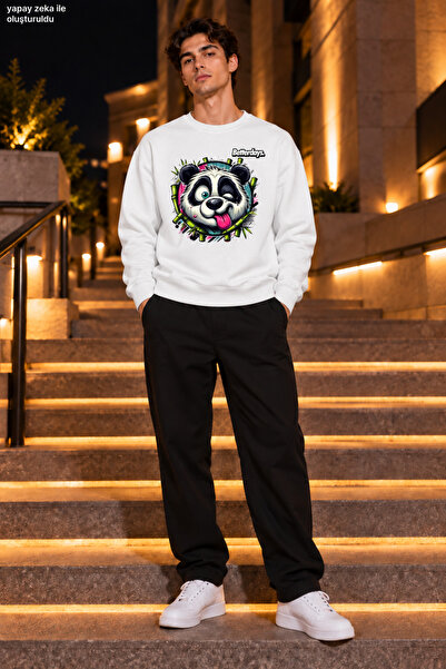 caddekombin Men's Crazy Panda Figured and Bamboo Detailed Crew Neck Casual Re...