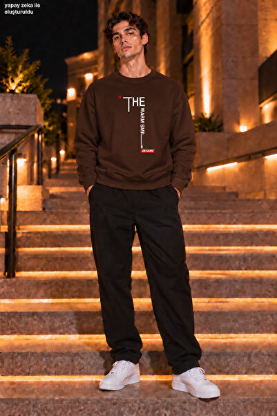 caddekombin Men's the Warm Smile Written and Red Label Detailed Crew Neck Cas...