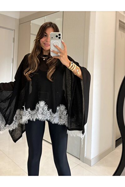 Perry Boutique Dantel Detaylı Transparan Merserize Pelerin Panço