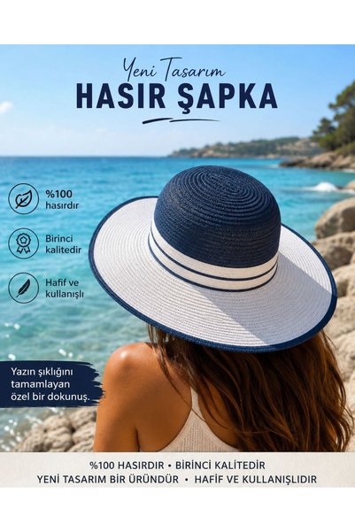 Mutkin Kadın Geniş Kenarlı Hasır Şapka Çift Renkli Yazlık Plaj Tatil ve Güneş...