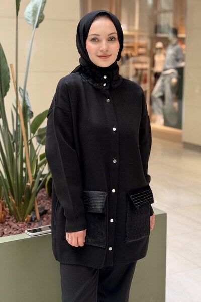 Mahal Crochet Knitwear Jacket with Pocket and Collar Detail
