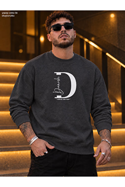 caddekombin Men's Letter D and Danish Calligraphy Detailed Crew Neck Casual R...