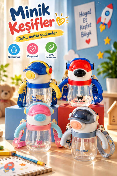 House Bird Astronaut Children's Water Bottle with Straw and Strap, Leak-Proof...