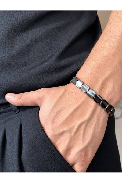 Unisex Hematit Taşlı Bileklik Blok Detaylı