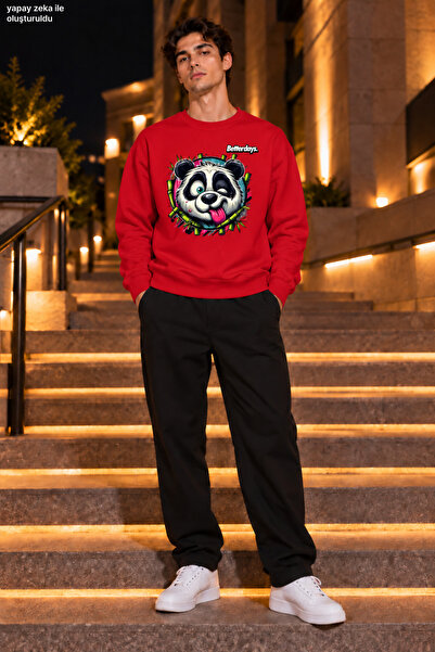 caddekombin Men's Crazy Panda Figured and Bamboo Detailed Crew Neck Casual Re...