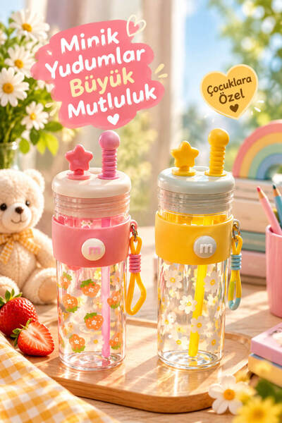 House Bird Korean Style Children's Water Bottle with Straw and Strap, Cute Pa...