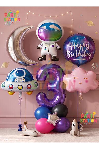 Parti Station Pink Purple Girl's Space Astronaut Concept 1-Year-Old Balloon S...