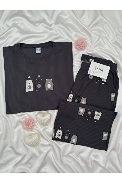 Lena Homewears Σετ πιτζάμες με γκρι σχέδιο αρκουδάκι και λαιμόκοψη ποδηλάτου