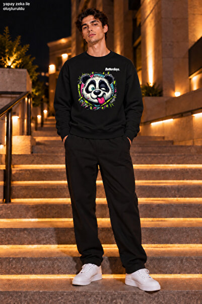 caddekombin Men's Crazy Panda Figured and Bamboo Detailed Crew Neck Casual Re...