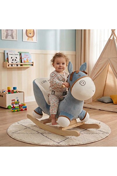 Tommybaby Educational Plush Rocking Horse with Wooden Legs Rocking Donkey