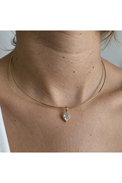 nerora Tek Taş Kalp Motifli 14K Altın Kaplama Choker (Boyut Ayarlanabilir)