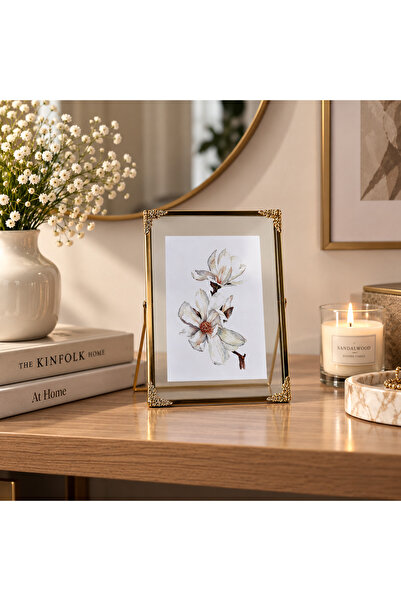 Eq deco Gold Corner Floral Metal Fotoğraf Çerçevesi 10x15 cm Çiçek Detaylı Ca...