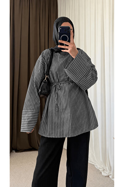 Hepsi Moda Biye Kemerli Oversize Çizgili Gömlek - Siyah