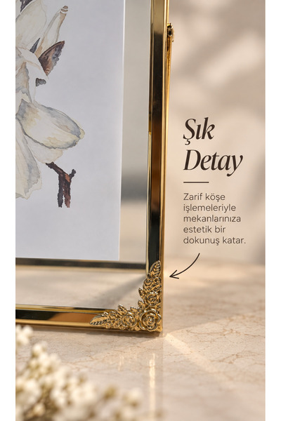 Eq deco Gold Corner Floral Metal Fotoğraf Çerçevesi 10x15 cm Çiçek Detaylı Camlı Dekoratif Masaüstü Çerçeve