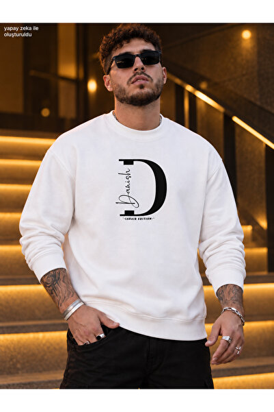 caddekombin Men's Letter D and Danish Calligraphy Detailed Crew Neck Casual R...