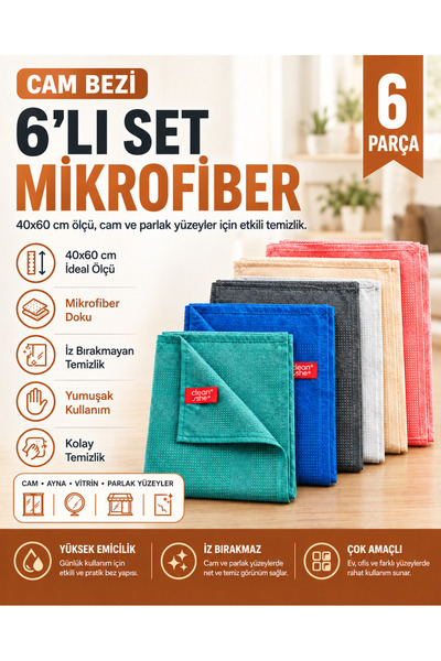 Cleanshe Tea Towel Sihirli Mikrofiber Cam Bezi 6'lı Set 40x60 cm | Yeni Renkl...