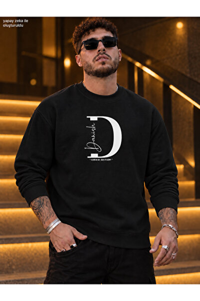 caddekombin Men's Letter D and Danish Calligraphy Detailed Crew Neck Casual R...