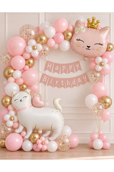 ALYA Party Cat Themed Birthday Balloon Set 40 Pieces Pink Gold Crowned Cat Fo...