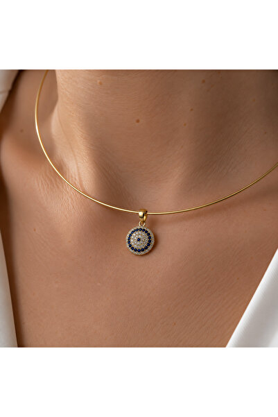 nerora Koyu Lacivert Taşlı Nazar Boncuğu Motifli 14K Altın Kaplama Choker (Bo...