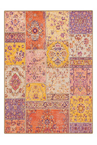 RUGPERA Runa Hardal Sarısı Turuncu Lila Pudra Patchwork Floral Madalyon Desen...