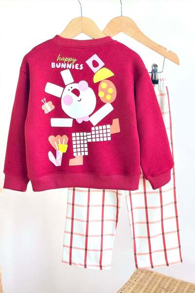 Monila Girl's Burgundy Rabbit Printed Cotton Sweatshirt and Checkered Canvas Trousers Top and Bottom Set