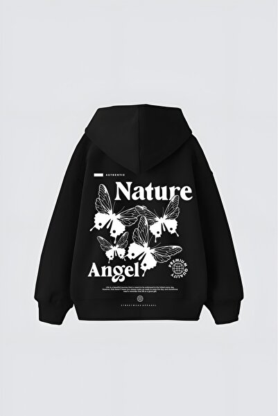 LADY HAZAL Black Unisex Nature Angel Printed Hooded Oversize Patterned Fabric...