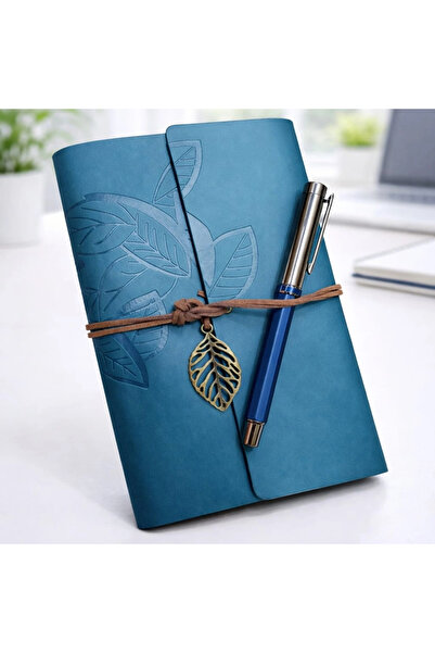 Lovesta Home Leaf patterned leather notebook and navy blue metal rollerball p...