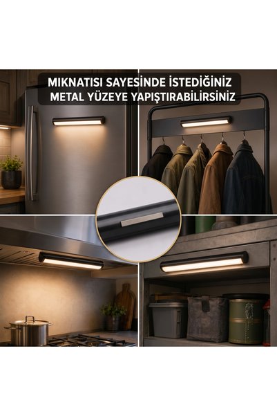 Ucuz Geldi Şarjlı Duvar Tipi LED Aplik 32 cm, 3 Renk Işık Ayarlı (6400K/4000K/3200K), Cata Şahin Modern Siyah Kasa, Kablosuz Manyetik Tablo, Ayna, Yatak Başı ve Koridor Aydınlatması, 1.5W 5V DC