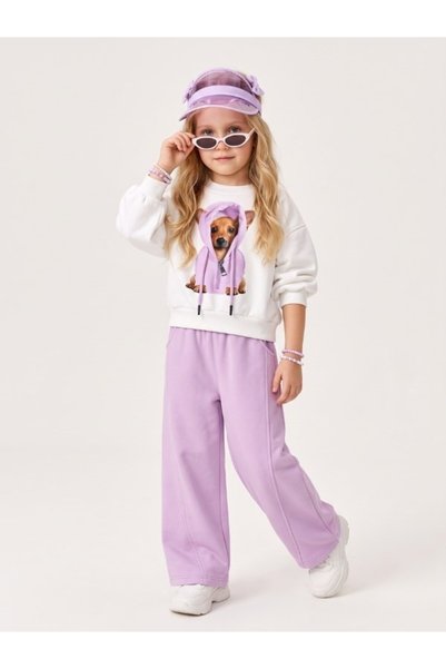 Zekids Kız Çocuk Köpek Baskılı Sweatshirt ve Bol Paça Eşofman Takımı