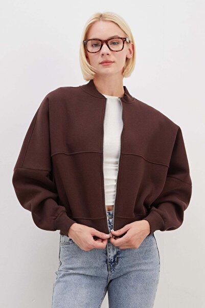 Fulla Moda 3 İplik Basic Fermuarlı Dik Yaka Crop Sweatshirt