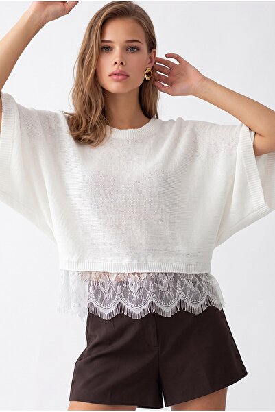 Mixray 7078 Kadın Dantel Detaylı Yarasa Kol Oversize Triko Bluz Ekru