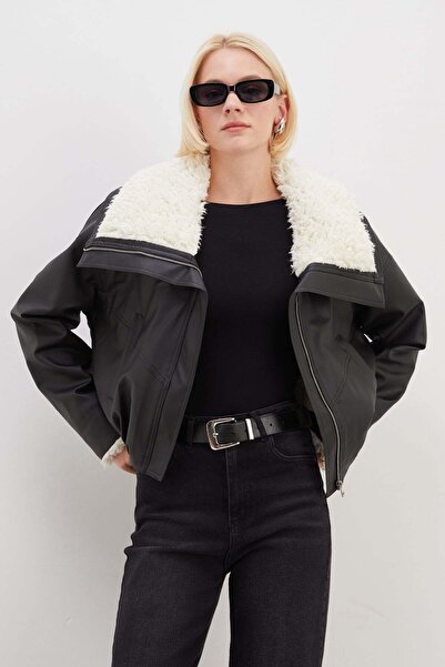Fulla Moda Kolu Ve Yakası Kürklü Suni Deri Bomber Mont