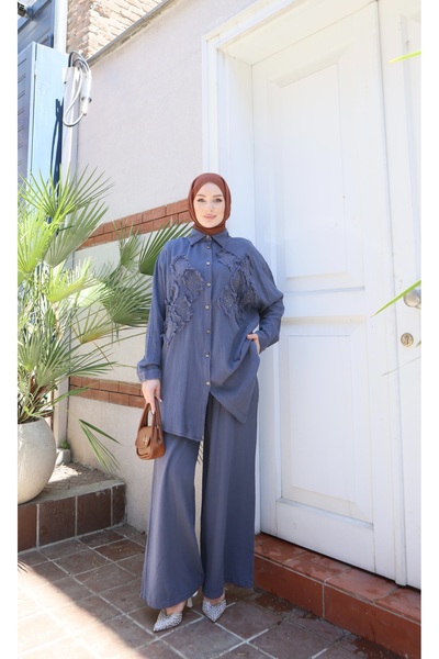 NİSUM MODA Modest Two Piece Set - Blue - Long