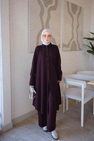 İmajButik Mürdüm Yarım Düğmeli Tunik Pantolonlu Takım