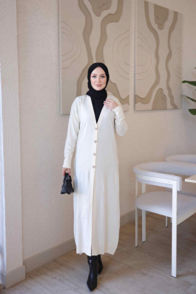 İmajButik Cream Buttoned Mercerized Cardigan