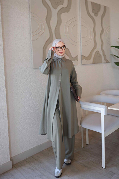 İmajButik Khaki Half-Buttoned Tunic and Trousers Set