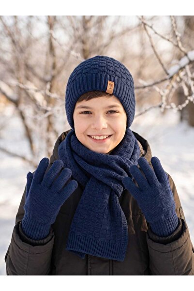 Aware Time Kitti 9-15 Years Old Boys' Lined Scarf, Beanie, Gloves 3-Piece Set