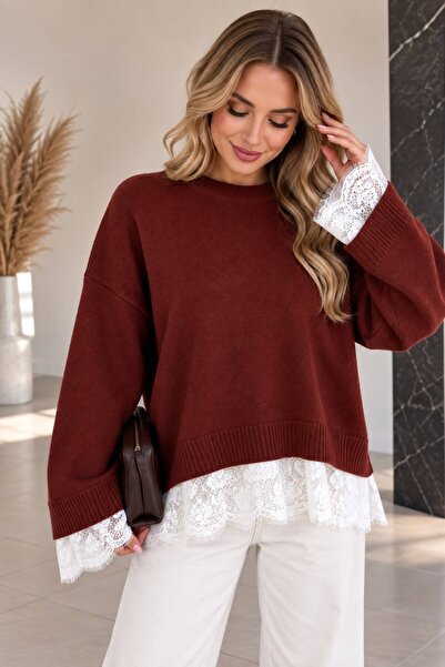 ikomteks Lace Detailed Crew Neck Oversized Knit Sweater