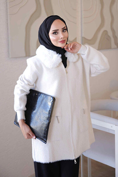 İmajButik Cream Soft Fur Collared Angora Knitwear Cardigan