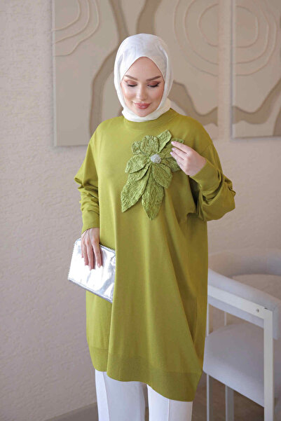 İmajButik Yağ Yeşili Soğuk İplik Çiçek Detaylı Triko Tunik