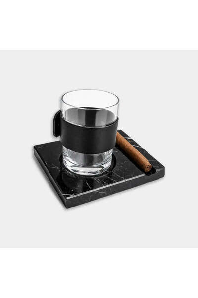 El Yapımı Siyah Mermer Viski Puro Sunum Tabağı 16x12 cm Bardak Yuvalı Doğal Taş