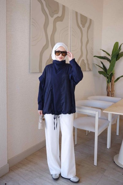 İmajButik Navy Blue Zippered and Snap-Fastened Decorated Jacket